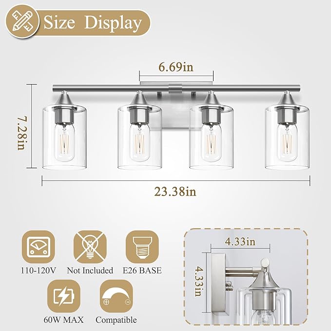 XPEHK 4-Light Bathroom Light Fixtures, Brushed Nickel Vanity Lighting Fixtures - Image 4