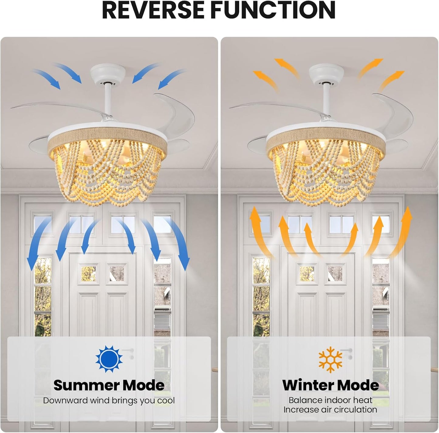 KAISITE Retractable Fandelier Ceiling Fan with Light 35" Boho Chandelier Ceiling Fan with Remote 6 Speeds Wood Beaded Semi-Flush Downrod Ceiling Fan Light for Bedroom Living Room