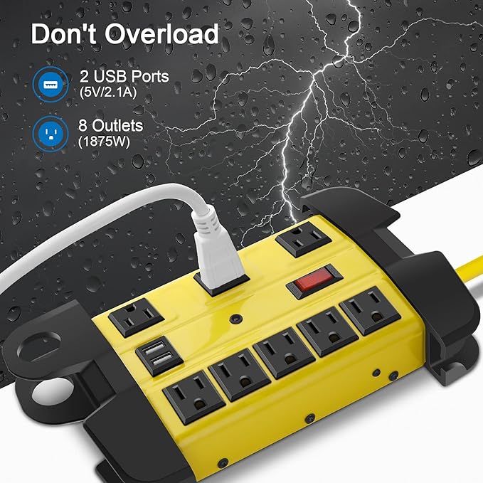 Heavy Duty Power Strip with USB, Workshop 8 Outlet Surge Protector 2700 Joules - Image 2