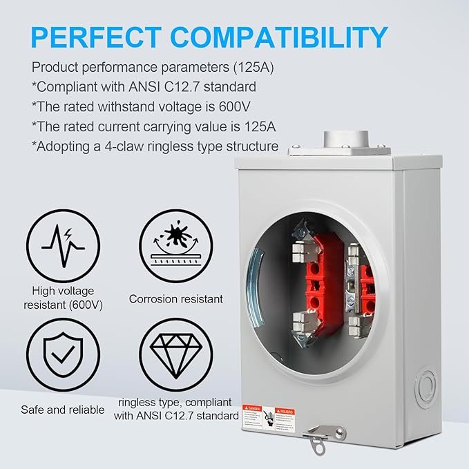 125 Amp Meter Socket, 4 Jaw Meter Base, 600V 3 Wire Ringless Type, - Image 3