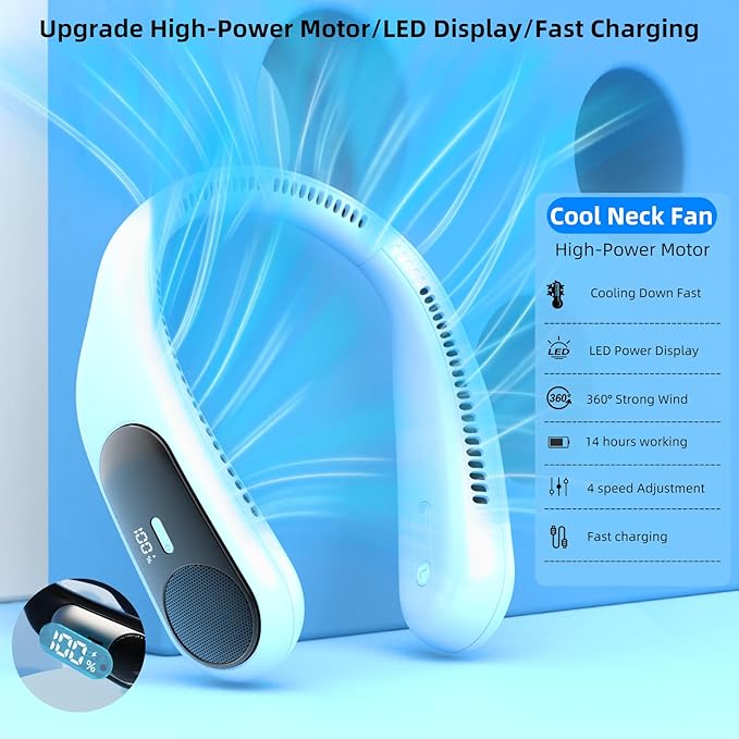 Portable Neck Fan, Personal Wearable Bladeless Fan, LED Display, 6000mAh USB - Image 3