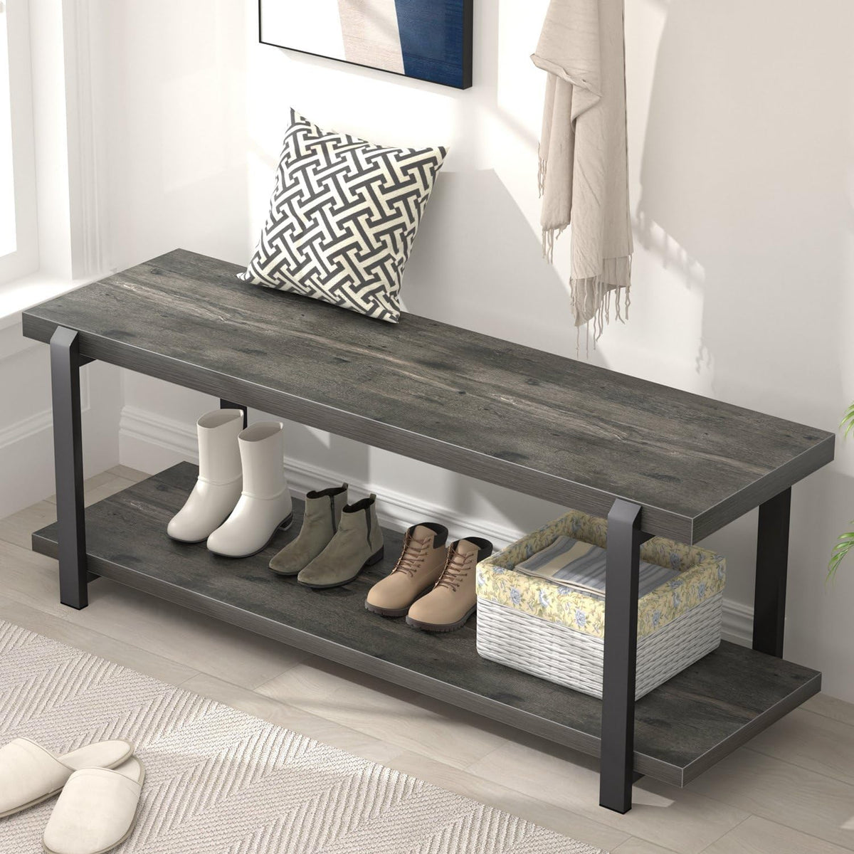 excefur industrial entryway bench with storage, rustic wood, main product view