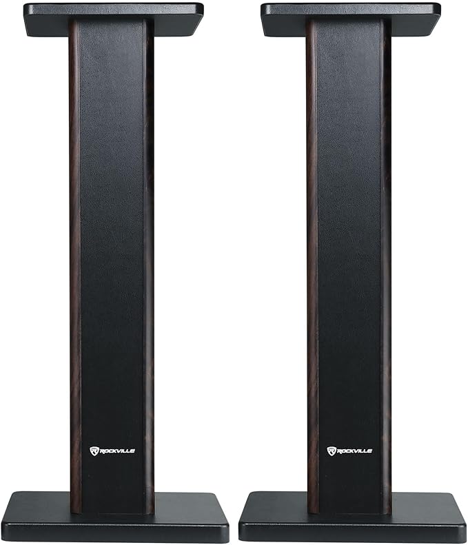 Rockville Pair RHT28D 28" Bookshelf Speaker Stands, Dark Wood Grain, 60 lbs - Image 2