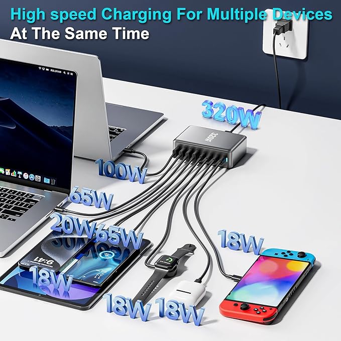 320W USB C Charger Block, 8-Port Fast USB Charging Station Hub PD 100W GaN Ⅲ - Image 2