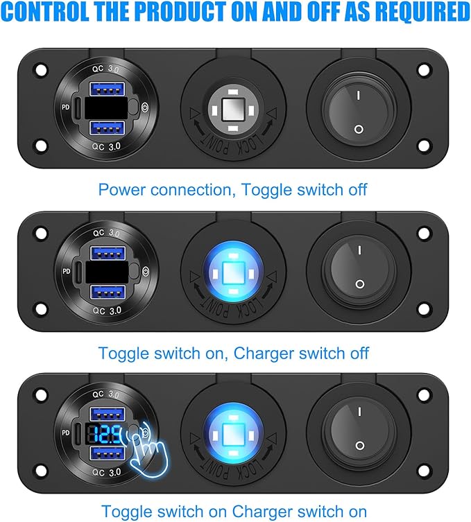12V USB Outlet Boat Accessories Marine Switch Panel Plug, PD3.0 and Dual QC3.0 - Image 6