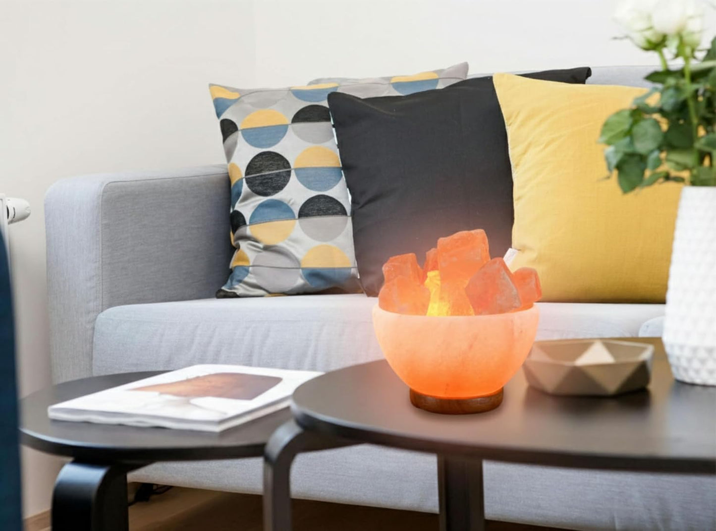 Himalayan Salt Lamp Bowl with Natural Crystal Chunks, Dimmer Cord and Classic Wood Base Premium Quality Authentic from Pakistan