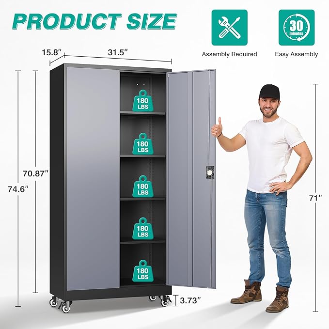 SISESOL 75" Tall Metal Storage Cabinet - Image 2