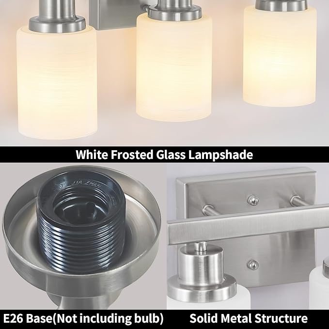 DIKAIDA 3-Light Bathroom Light Fixtures, Nickel Vanity Light, Modern Bathroom - Image 4