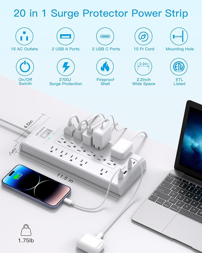 16 Outlets Surge Protector Power Strip, HANYCONY 5 Ft Flat Plug Heavy Duty - Image 2