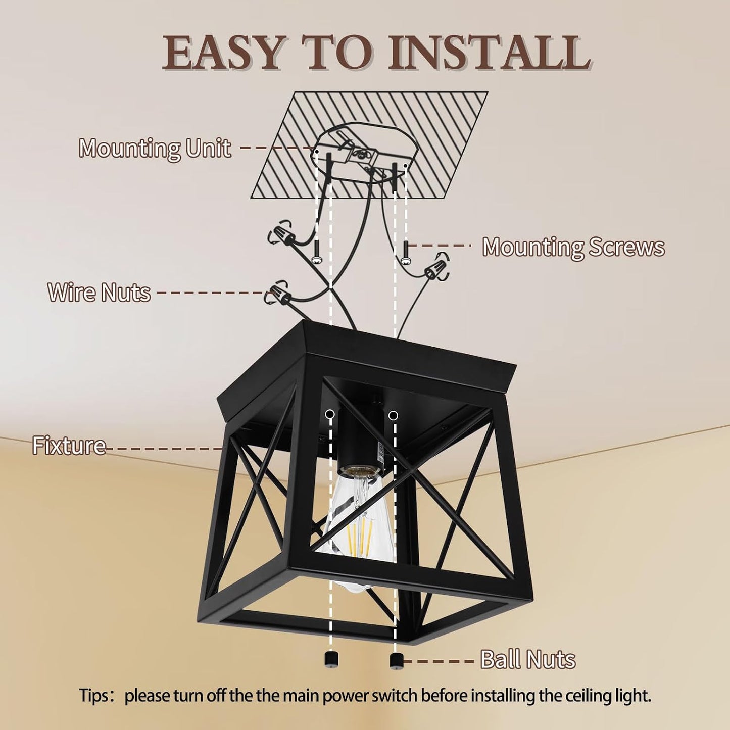 1 Light Black Industrial Flush Mount Ceiling Light Fixture - Square Farmhouse Caged Ceiling Light for Closet Kitchen Hallway Porch, E26, Dimmable