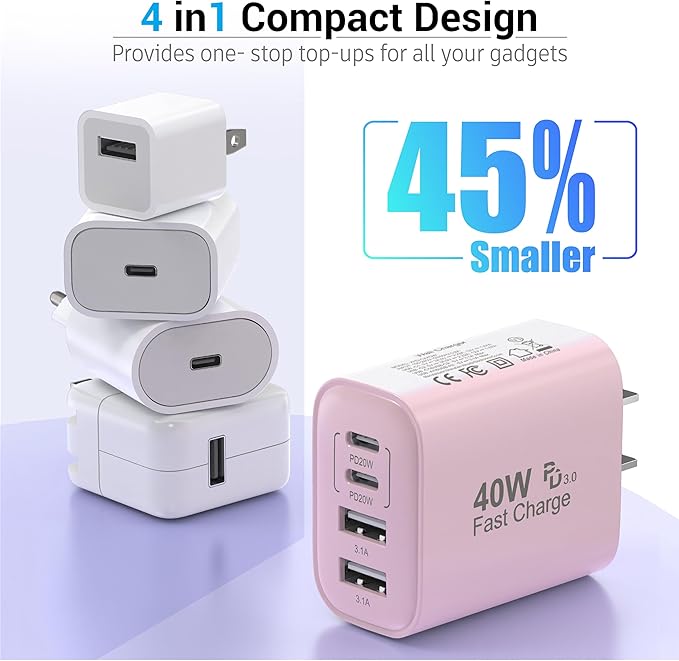 TT&C USB C Block 40W, 4 Ports Wall Plug Fast Charging Block, PD+QC Multiport - Image 5