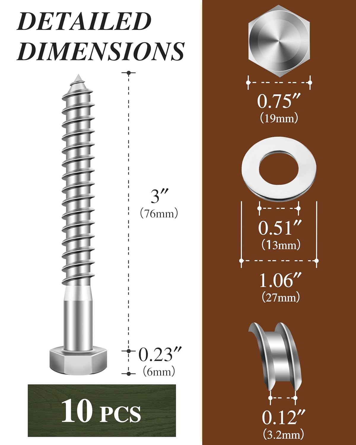 (1Box) 3/8" x 3" Hex Head Lag Screws Bolts with Flat Washers, 10Sets 304 Stainless Steel 18-8 Heavy Duty 3/8 Lag Bolts for Wood with Hex Socket