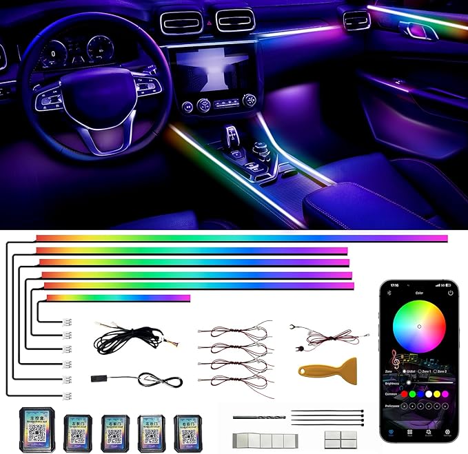 Acrylic Interior Car LED Strip Lights, Colorful 6-in-1 Car Ambient Lighting Kit by Unknown