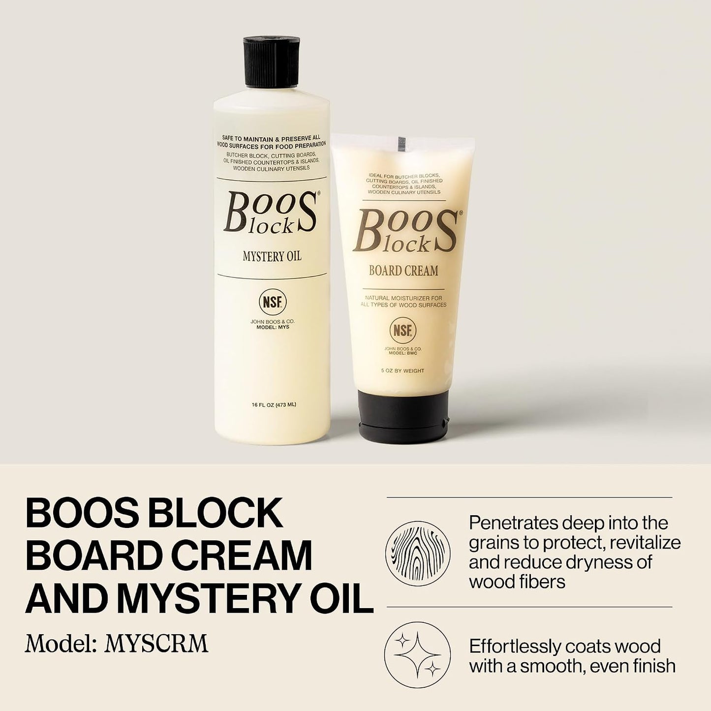 John Boos 2-Piece All-Natural Care & Maintenance Set | – 16 oz Mystery Oil & 5 oz Board Cream for Butcher Blocks, Cutting Boards, Wood Countertops, and Wooden Utensils