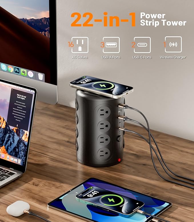 Power Strip Tower Surge Protector, TenTrend 16 Outlets and 5 USB Ports - Image 2