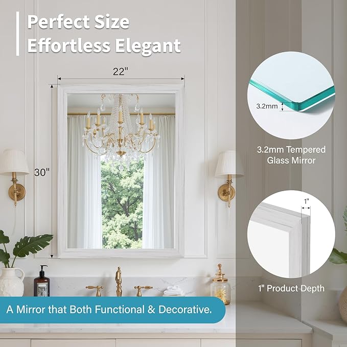 White Wood Effect Framed Wall Mirror, 22x30 Rectangle Mirror, 1/8" - Image 4