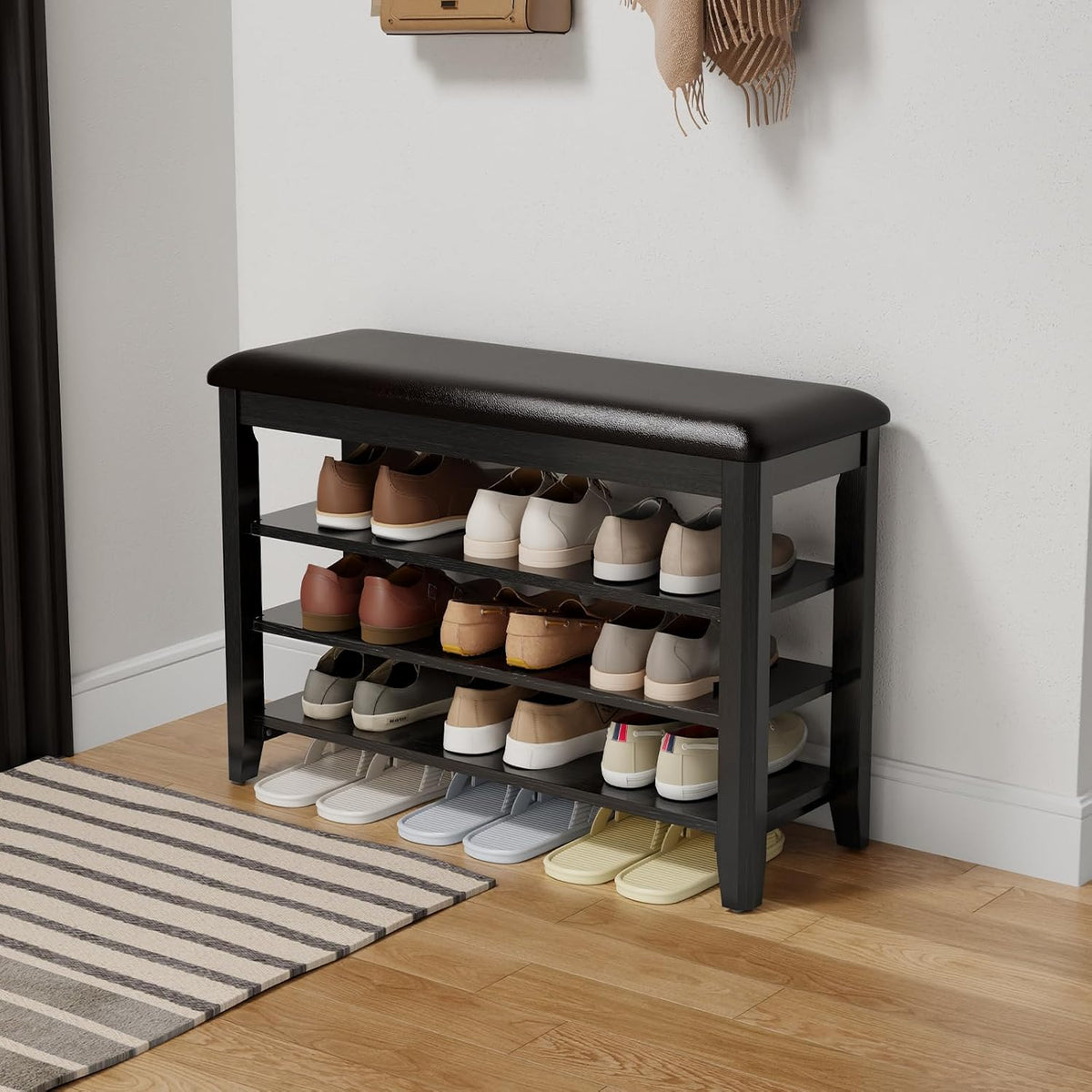 aqimuele shoe bench with leather cushion, 3 tiers, main product view