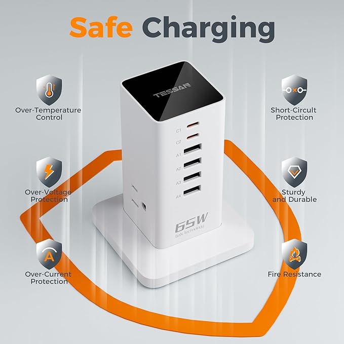 USB Charging Station for Multiple Devices PD 65W, TESSAN 9-in-1 USB C Charger - Image 5