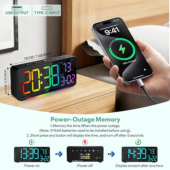EVILTO Digital Alarm Clocks for Bedrooms, RGB Desk Clock - Image 4