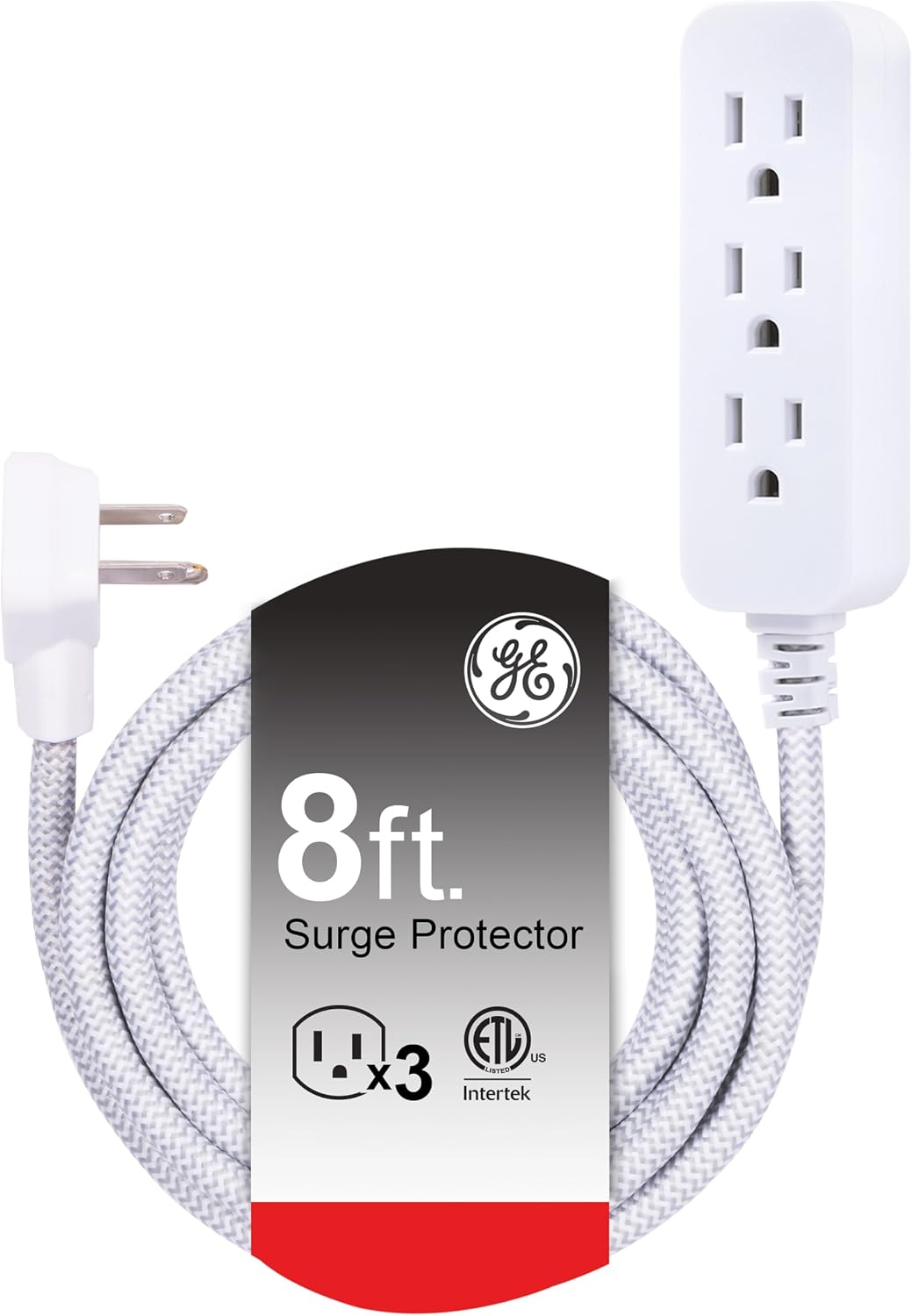 GE 3-Outlet Power Strip Surge Protector, 8 Ft Braided Extension Cord