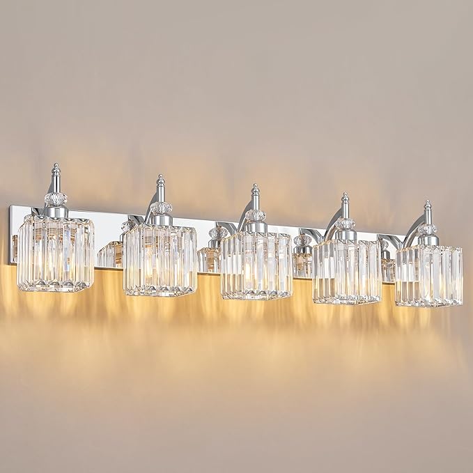 BBLLWJ Crystal Vanity Lights Chrome 5 Light Bathroom Light Fixtures Over Mirror by BBLLWJ