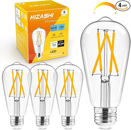 Hizashi Dimmable Edison Bulbs 60 Watt LED, E26 Bulb 2700K Warm White ST19 by HIZASHI
