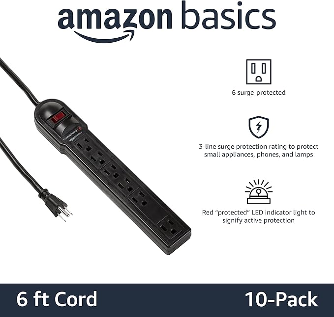 Amazon Basics Surge Protector Power Strip, 790 Joules, LED Indicator, 6ft - Image 2