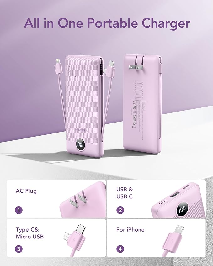VEGER Portable Charger for iPhone Built in Cables and Wall Plug, 10000mah Slim - Image 2