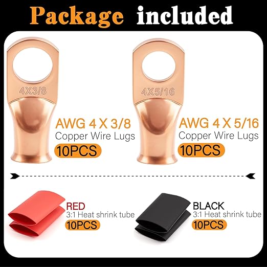 20PCS 4 AWG 5/16 3/8 inch Battery Cable Lugs, 4 gauge Copper Crimp Connector - Image 2