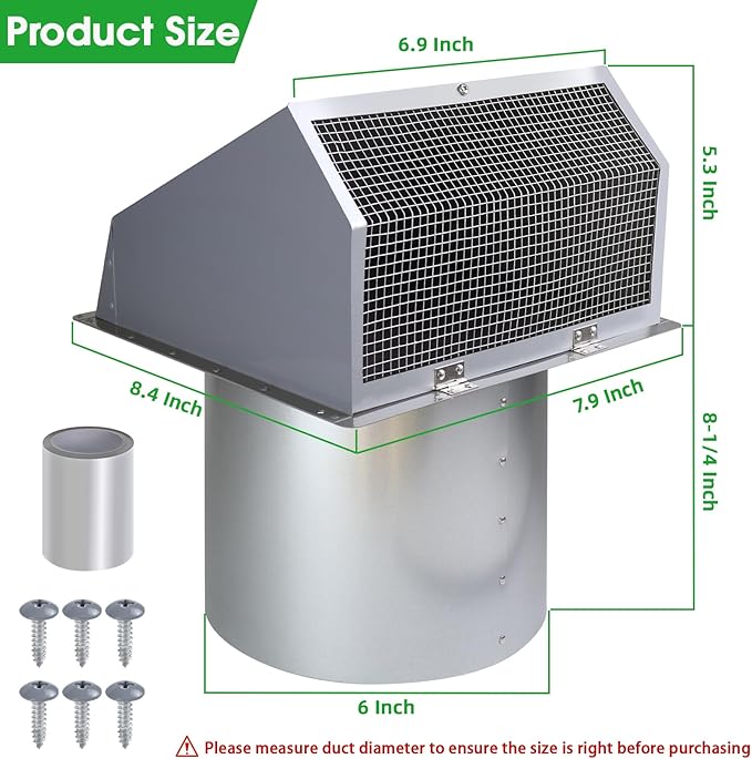 6 Inch Hooded Wall Vent with Screen and Damper, 6 Inch Exhaust Vent Cover Cap - Image 2