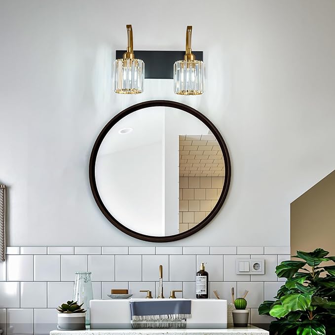 FDPBY Bathroom Crystal Vanity Lights 2-Light Black Gold Wall Lamp Modern - Image 3