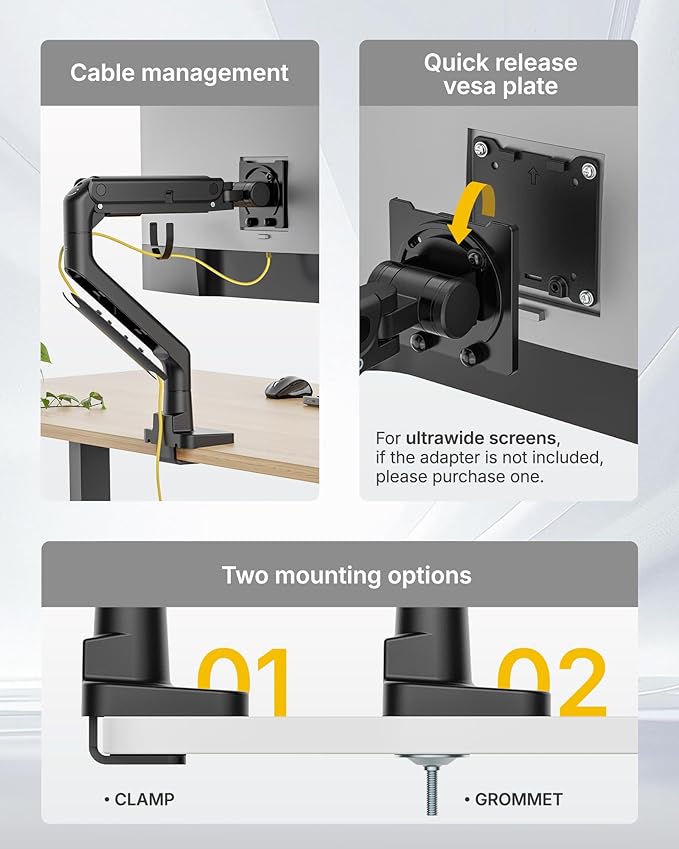 monTEK Heavy-Duty Monitor Arm for 17-57" Ultrawide Curved Screen, Supports up - Image 7