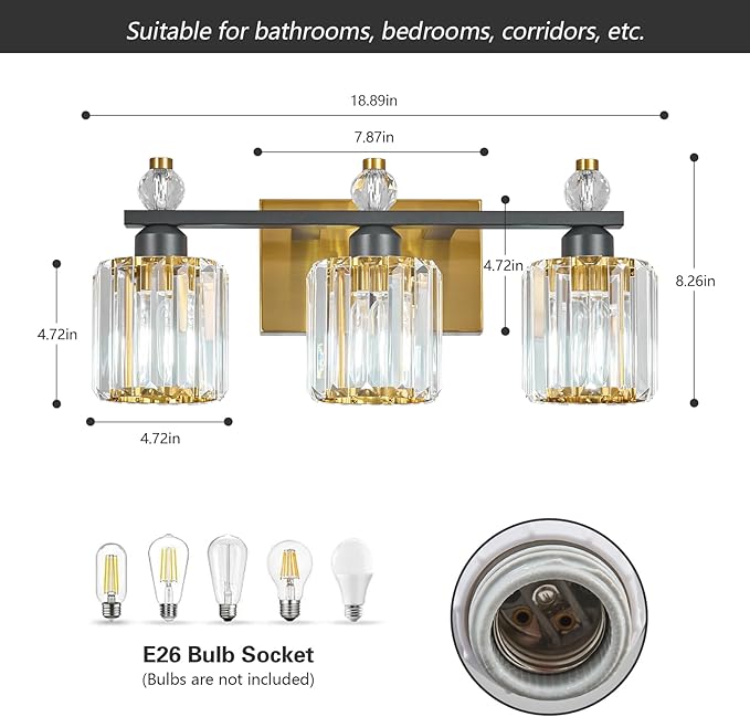 FDPBY Bathroom Vanity Lights 3-Light Sand Black Gold Modern Crystal Vanity - Image 5