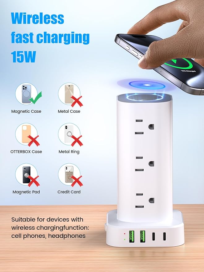 Tower Power Strip with 15W Wireless Charger, 6FT Flat Plug Extension Cord with - Image 3