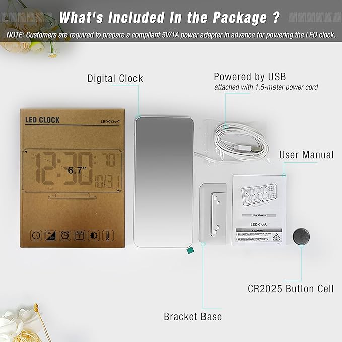 KOSUMOSU Alarm Clock for Bedroom, 6.7" Led Desk Digital Clock, Mirror Clock - Image 4