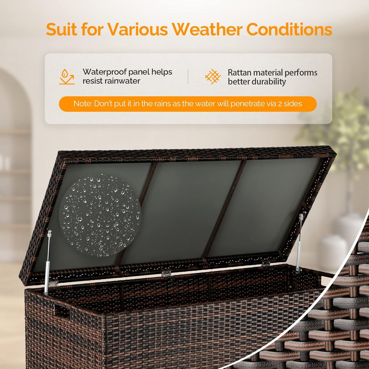 vingli 132 gallon outdoor wicker storage box, close-up detail