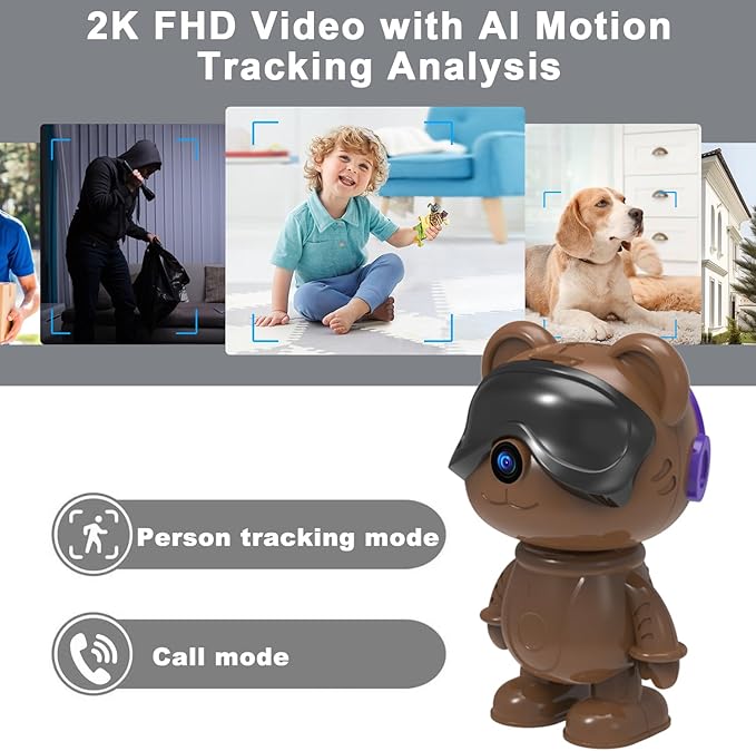 dzcctvipc Cute Bear 2K Robot & Pet Camera – Hidden Indoor Security, Motion & - Image 3