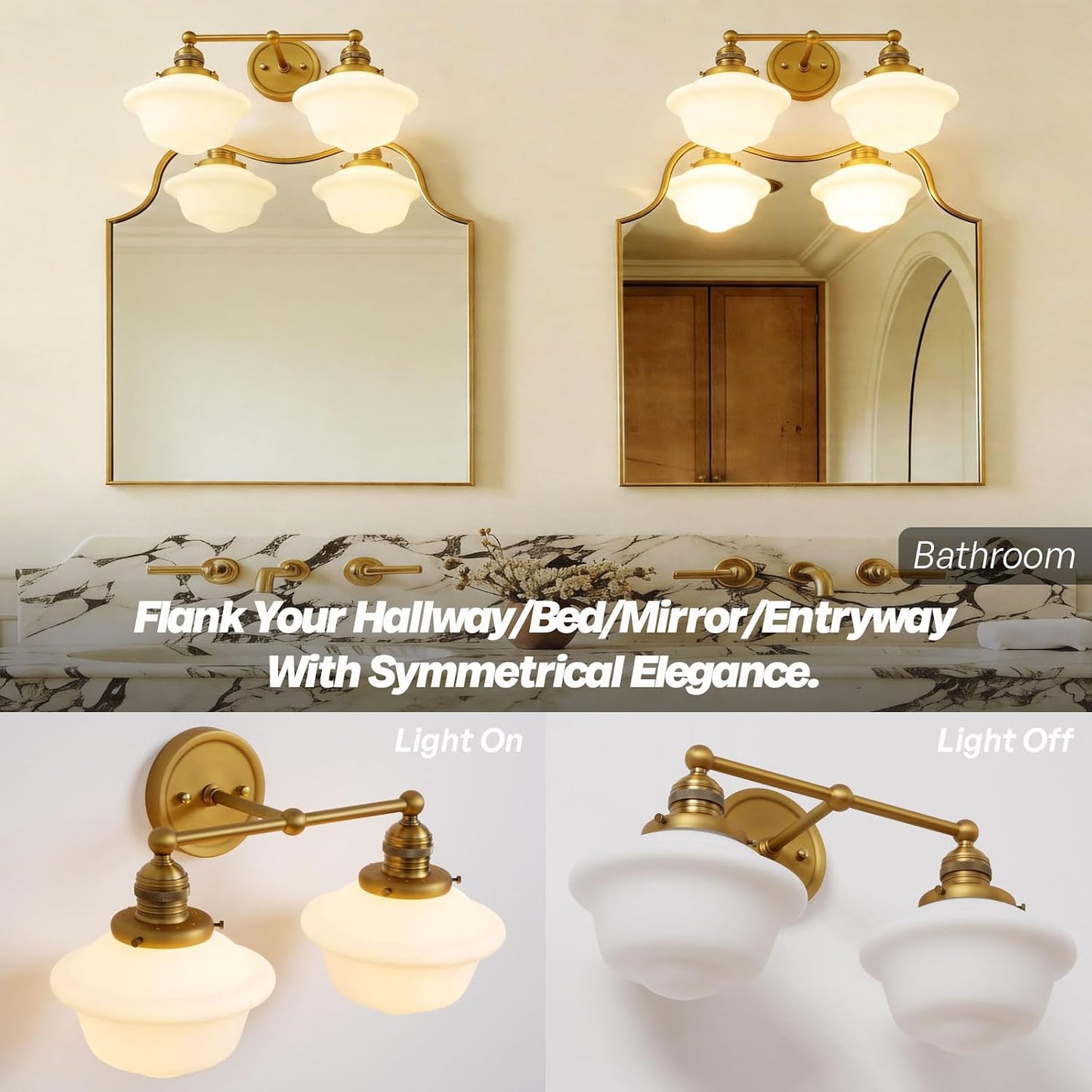 Vintage 2-Lights Wall Sconce Lights Brass Gold Bathroom Vanity Light with Milk Glass Double Sconce Wall Mounted Lamp for Bedroom Living Room Bathroom Mirror Kitchen Hallway Hardwire