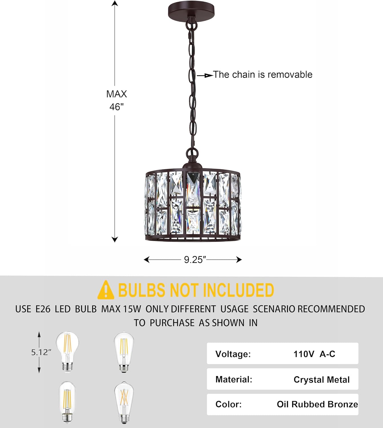 1 Light Hanging Kitchen Island Modern Concise 9.3" Crystal Pendant Ceiling Light Fixture Oil Rubbed Bronze Finish with Crystal Plate Metal Shade for Bar,Dining Room Corridor,Living Room