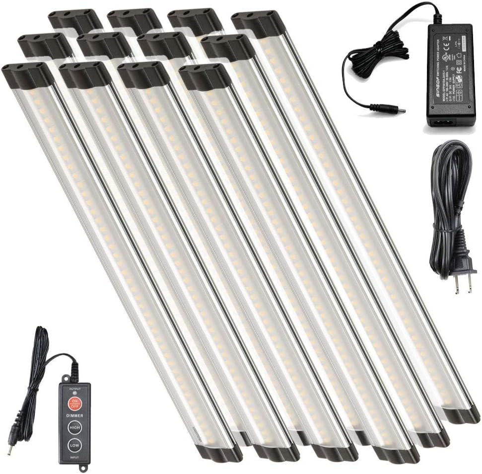 Lightkiwi N5886 12 inch Warm White Dimmable LED Under Cabinet Lighting 12 Panel Pro Kit, 3360 Lumen, 3000 Kelvin, 24VDC, Dimmer Switch & All Accessories Included, Continuous Dimming, Aluminum Body