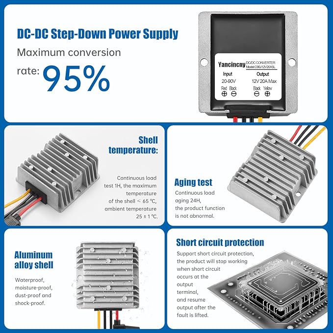 Yancincny 240W Dc-Dc Step Down to 12V Converter, DC 90V 72V 60V 48V 36V 24V to - Image 5