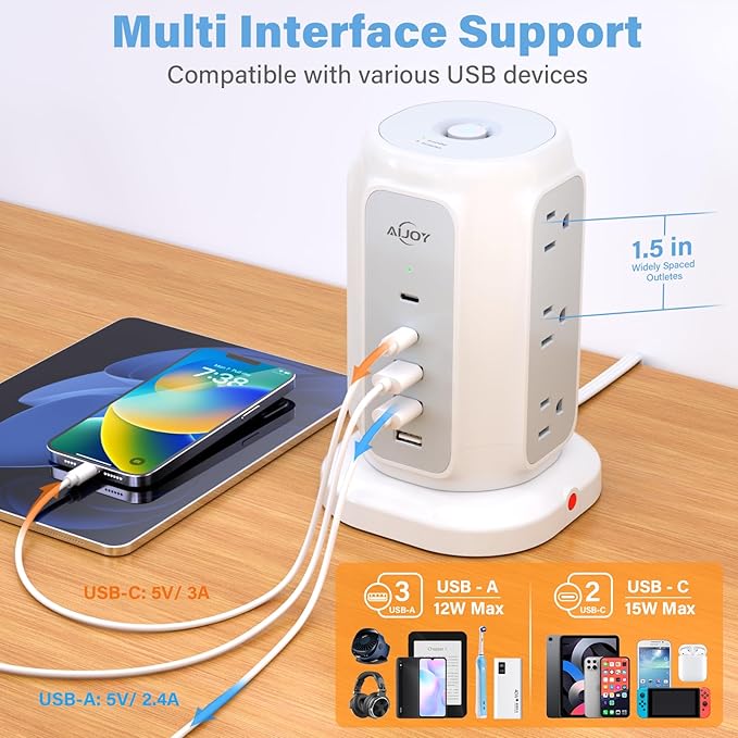 AiJoy Flat Plug Power Strip Tower 9 Outlets and 5 USB Ports, 1200J Surge - Image 6