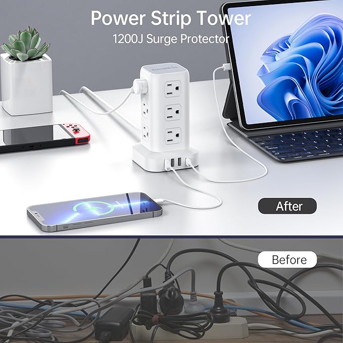 16.5FT Long Extension Cord, Power Strip Tower Surge Protector Power Strip - Image 3