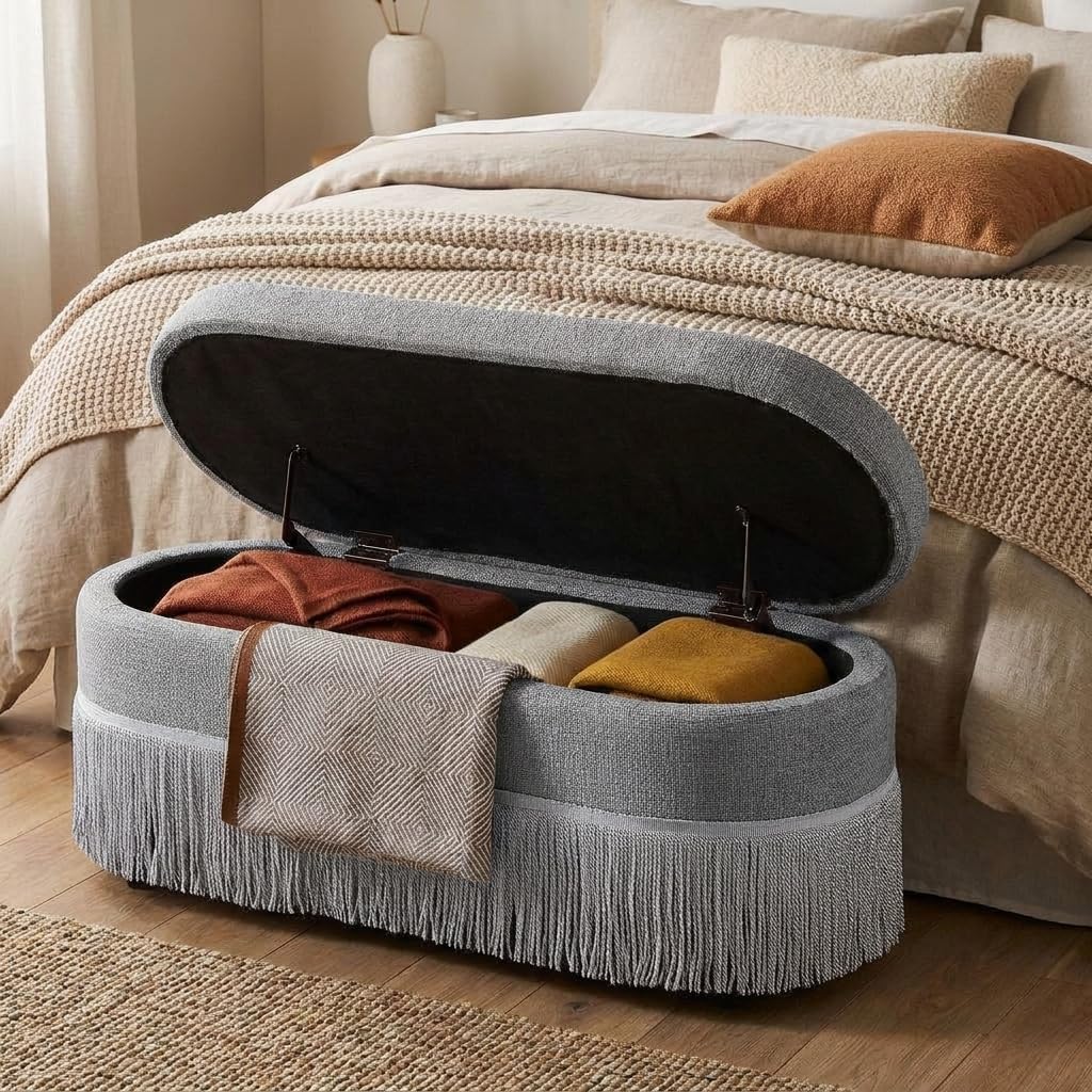 39.4“storage ottoman bench with tassels, oval end of, main product view