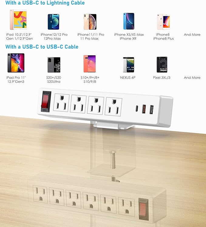 Desk Clamp Power Strip with PD20W USB-C, 2 in 1 Dual Layer Under Desk Power - Image 7