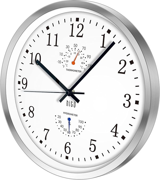 HITO 12 Inch Silent Wall Clock Battery Operated Non Ticking Glass Cover Silver - Image 2