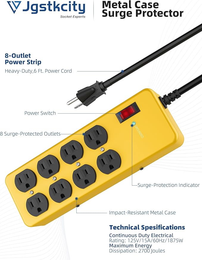 Heavy Duty Power Strip, Industrial Heavy Metal Case Surge Protector, 8 AC - Image 5