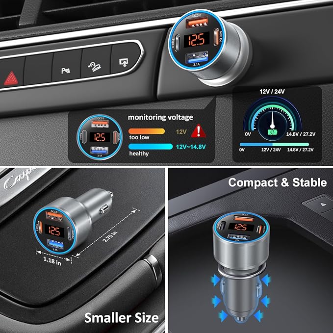 USB C Car Charger with Voltage Display, 3 Pack 65W Super Fast Charging Car - Image 5