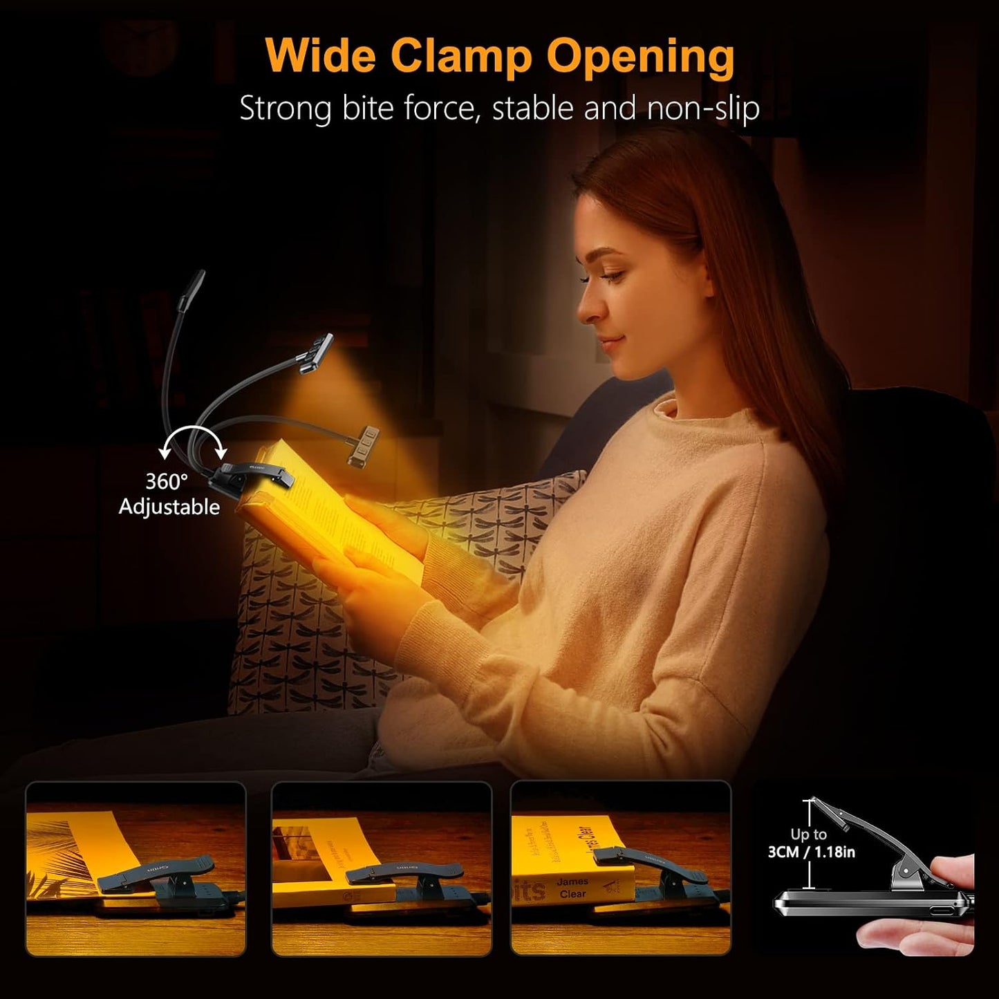 Gritin 19 LED Rechargeable Book Light for Reading in Bed | Eye Caring 3 Color Temps,Stepless Dimming Brightness,Memory Function,90 Hrs Runtime Lightweight Clip on Light for Book Lovers