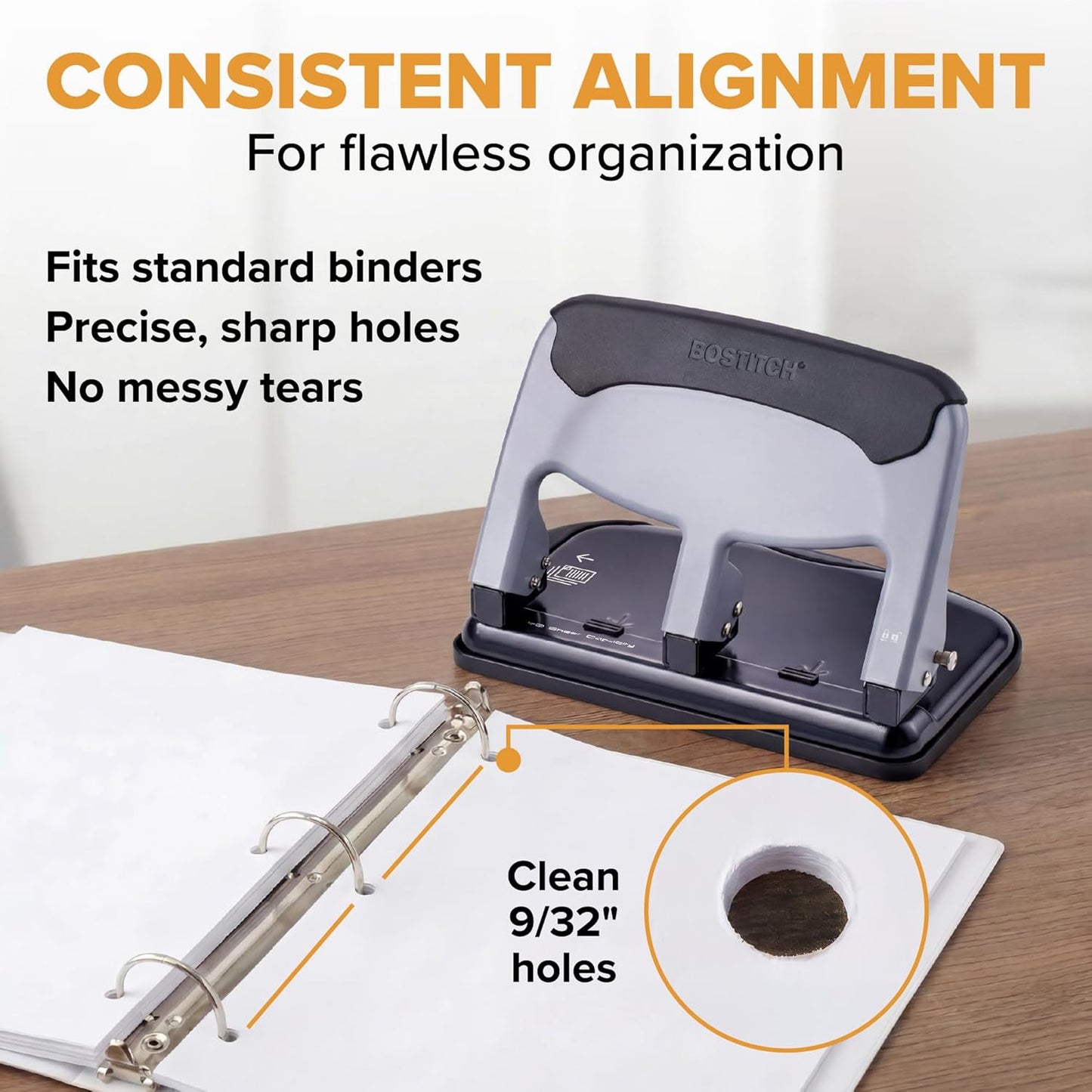 Bostitch EZ Squeeze 3 Hole Paper Punch, 40 Sheet Capacity, Heavy Duty Metal Office Hole Puncher with Chip Tray, Non-Slip Base & Paper Guide, 9/32" Holes for Binders, School & Home Office